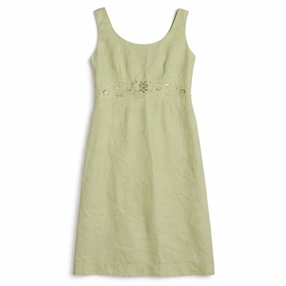 Green Linen Blend Midi Dress Beaded Embroidered Petite Sheath Spring Church 12P - Picture 2 of 5